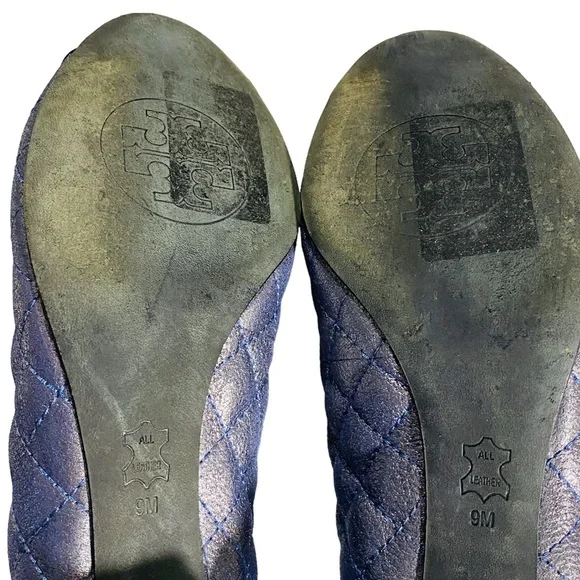 Tory Burch Kaitlin Quilted Cap Toe Navy Blue Metallic Pump Block Heel Size 9 M - Picture 11 of 12